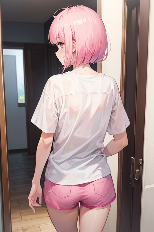 cute girl with short pink hair with bangs, wearing a white shirt and pink shorts, walking out the bedroom door, back view, not looking at the camera, 8k