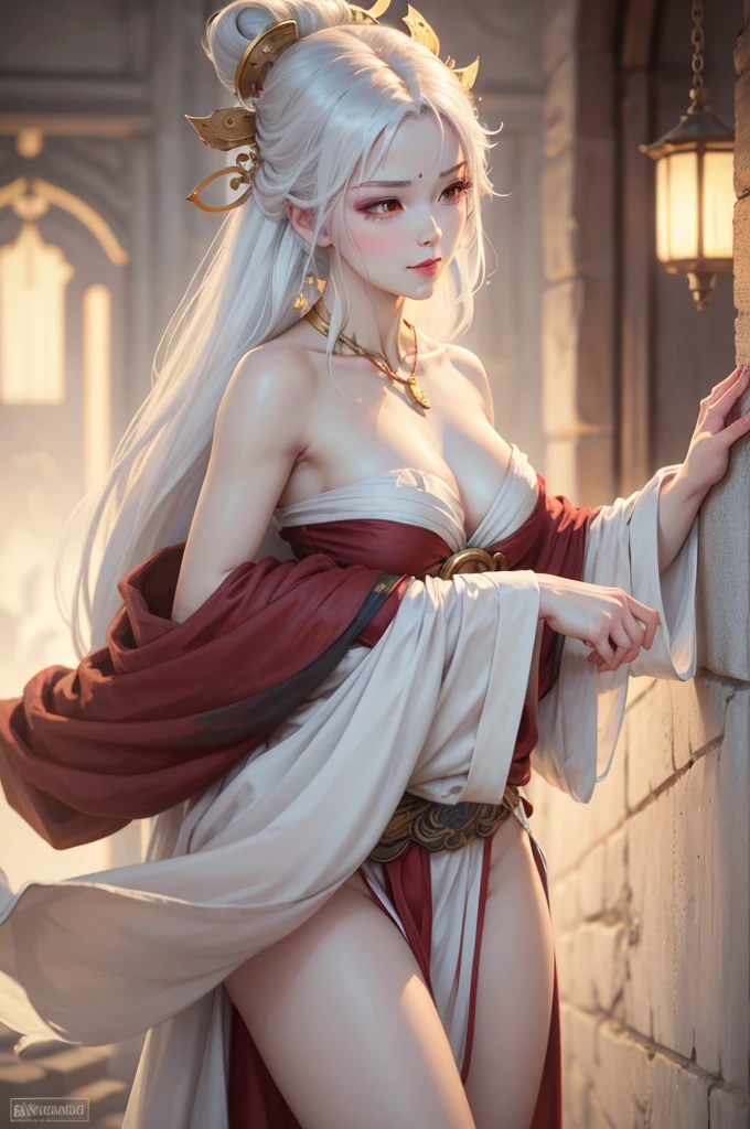 a close up of a woman with white hair and a white mask, beautiful character painting, guweiz, artwork in the style of guweiz, white haired deity, by Yang J, epic exquisite character art, stunning character art, by Fan Qi, by Wuzhun Shifan, guweiz on pixiv artstation, sideboob, sexy, hot, whore, slut, hoe, full body, seductive, seductive smile, small smile, shy, blushing, skimpy clothing, white loincloth, white loincloth, golden jewelry, folder tiara, necklace, golden, kunoichi dress, sleeveless, white kunoichi dress, ribbons, red ribbons, 