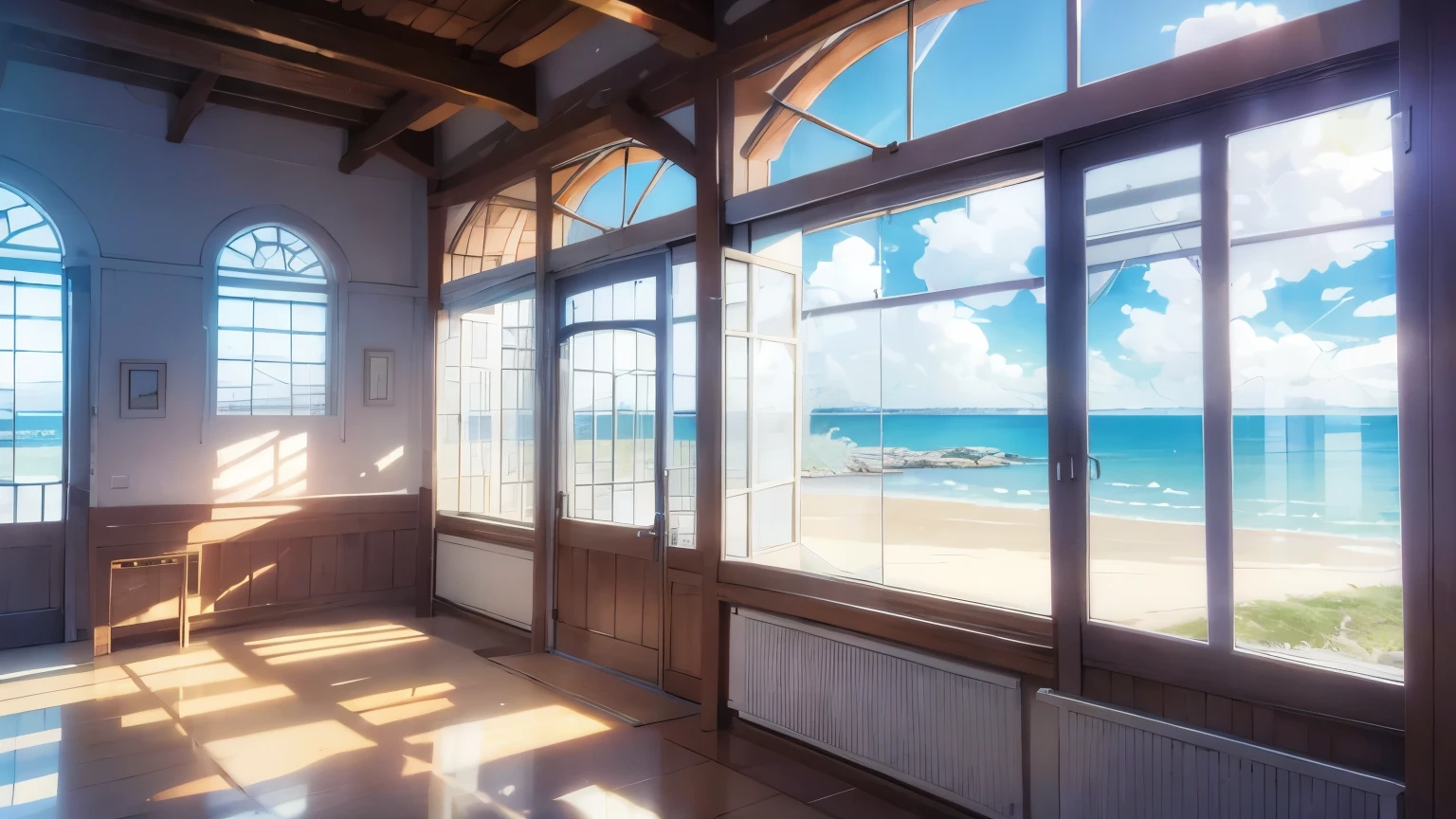 Inside the white museum on the beach,The window overlooks the beach and the sea.