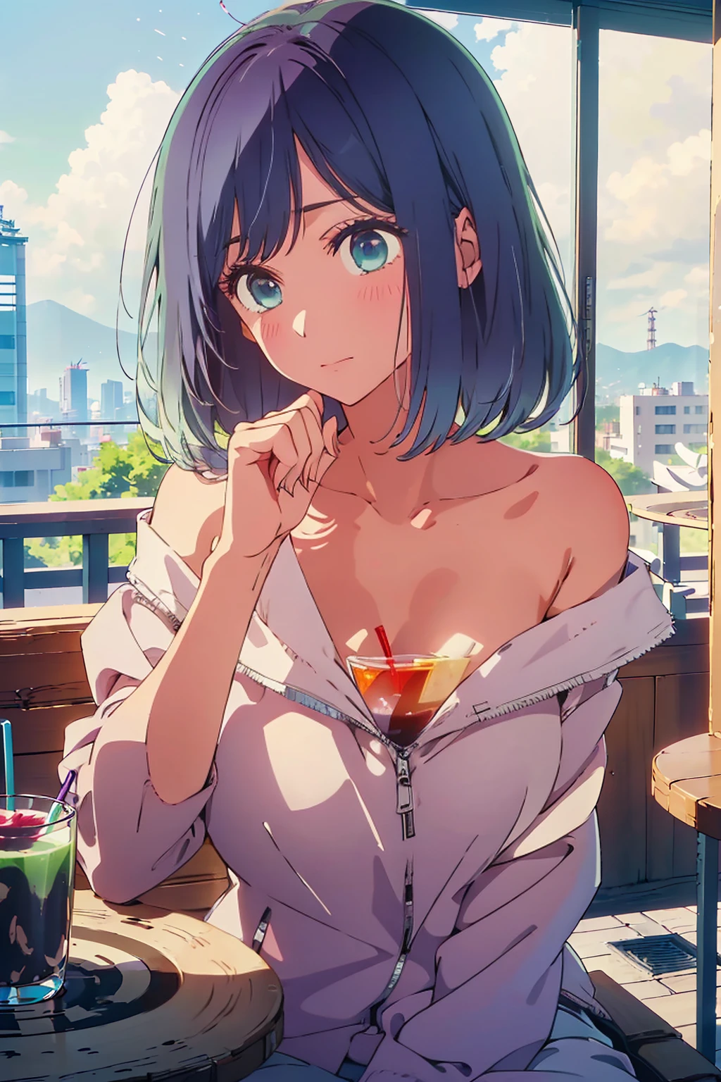 (Highest quality:1.4、8K:1.4、detailed)、F cup bust、Big Breasts、Slim body、Very white beautiful skin、((((1 person、Surprised expression、sit、Chair、In the background are the urban buildings of Tokyo、looking at the camera、Indoor cafe terrace、Navy hair color、juice、Shooting up close、table、Very cute face))))、((((nude、Areola))))、(Hand touching cheek pose:1.4、Cheek resting on hand:1.4)、(Off-the-shoulder zip-up jacket)