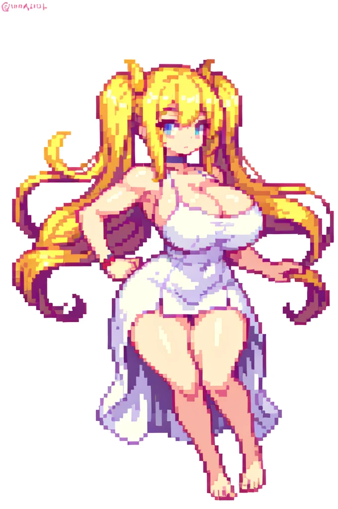 devil,barefoot,{{lift one leg}},{{very muscular}},{{very gigantic breasts}} ,{{very curvy}} , ,masterpiece , best quality , pixel art , 1 girl ,{full body},  voluptuous ,twintails,blonde hair ,white dress,white background 