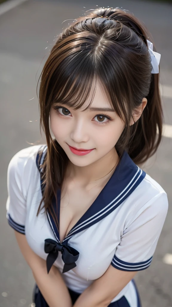 ((Sailor suit、Highest quality、Masterpiece、High resolution))、(((Zoom photo from above)))、(A shy smile:1.2)、One 15-year-old female、Beautiful Skin、Beautiful Eyes、Cleavage、Trimmed bangs、ponytail