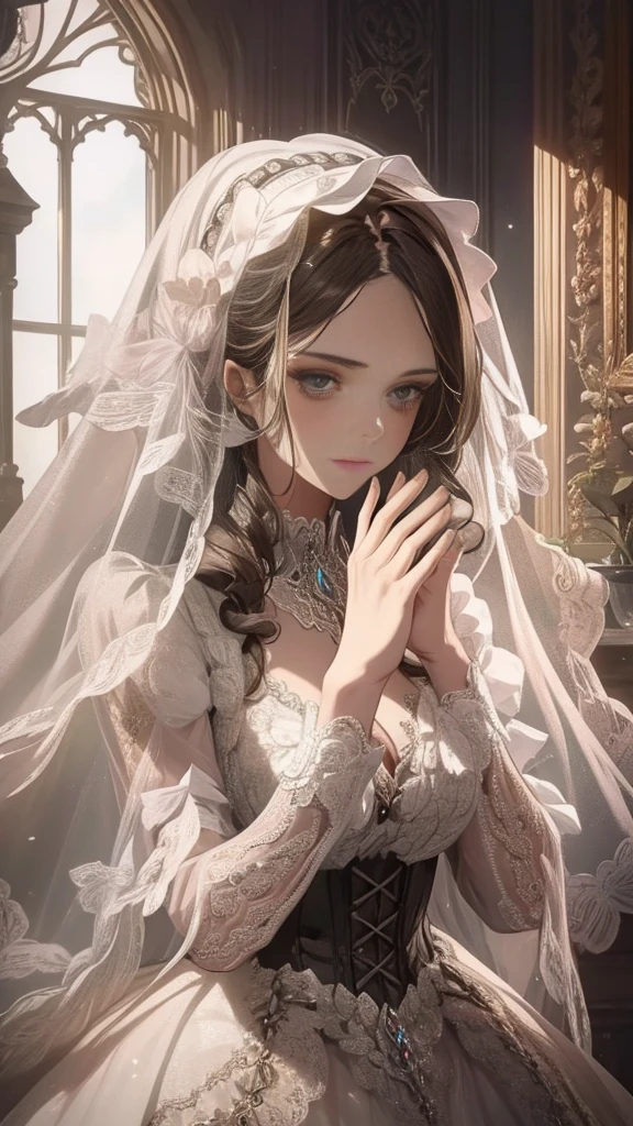 Beautiful woman in intricate Romantic Victorian Gothic Outfit