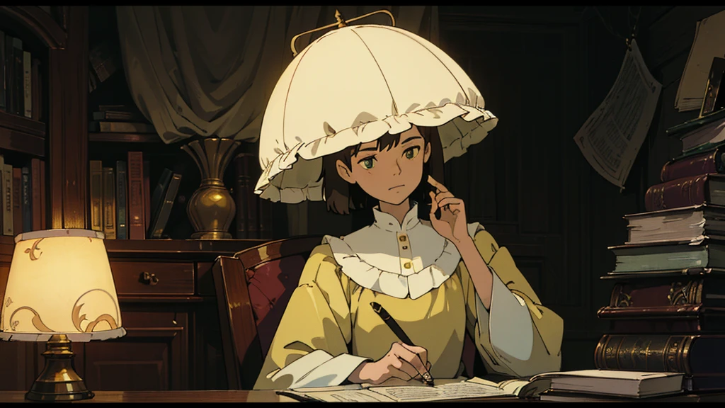 A girl, ensconced in a cozy corner on a rainy evening, sits surrounded by a jumble of books with an intensely profound study attitude. The soft yellow glow of the desk lamp illuminates her thoughtful expression, revealing her deep concentration and composed posture. Her inquisitive eyes dart back and forth between the pages, her nimble fingers turning them with subtle tilt, as she absorbs the old world wisdom contained within. The timeworn margins and sultry aura of the books add to the quiet night ambiance, creating a peaceful and tranquil countenance. This scholarly young woman, clad in plain attire, appears to be a seeker of knowledge and intellect,Width cat