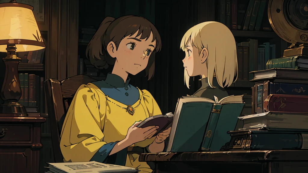 A girl, ensconced in a cozy corner on a rainy evening, sits surrounded by a jumble of books with an intensely profound study attitude. The soft yellow glow of the desk lamp illuminates her thoughtful expression, revealing her deep concentration and composed posture. Her inquisitive eyes dart back and forth between the pages, her nimble fingers turning them with subtle tilt, as she absorbs the old world wisdom contained within. The timeworn margins and sultry aura of the books add to the quiet night ambiance, creating a peaceful and tranquil countenance. This scholarly young woman, clad in plain attire, appears to be a seeker of knowledge and intellect,Width cat