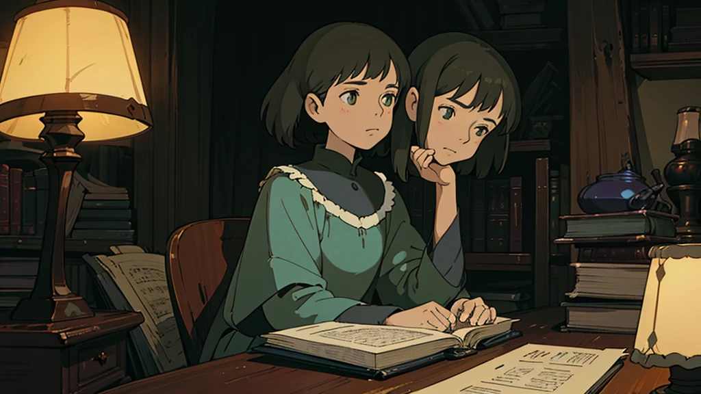 A girl, ensconced in a cozy corner on a rainy evening, sits surrounded by a jumble of books with an intensely profound study attitude. The soft yellow glow of the desk lamp illuminates her thoughtful expression, revealing her deep concentration and composed posture. Her inquisitive eyes dart back and forth between the pages, her nimble fingers turning them with subtle tilt, as she absorbs the old world wisdom contained within. The timeworn margins and sultry aura of the books add to the quiet night ambiance, creating a peaceful and tranquil countenance. This scholarly young woman, clad in plain attire, appears to be a seeker of knowledge and intellect,Width cat