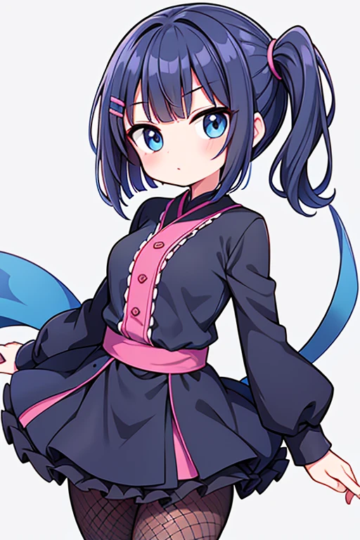 (masterpiece), (highest quality), ((Super detailed))、(super delicate)、Cute naughty Assassin girl、Pastel colors hair、medium breasts、(Thighs, fishnet pantyhose, ninja costume)、Gorgeous、short hair, (dark blue hair1.2), (naked:1.3), (おでこ:2.0, forehead:2.0, parted bangs:2.0, bangs pinned back:2.0, asymmetrical bangs:2.0, hairclip, side ponytail:1,3), standard height, (Serious, Large eyes, yuruyuri)