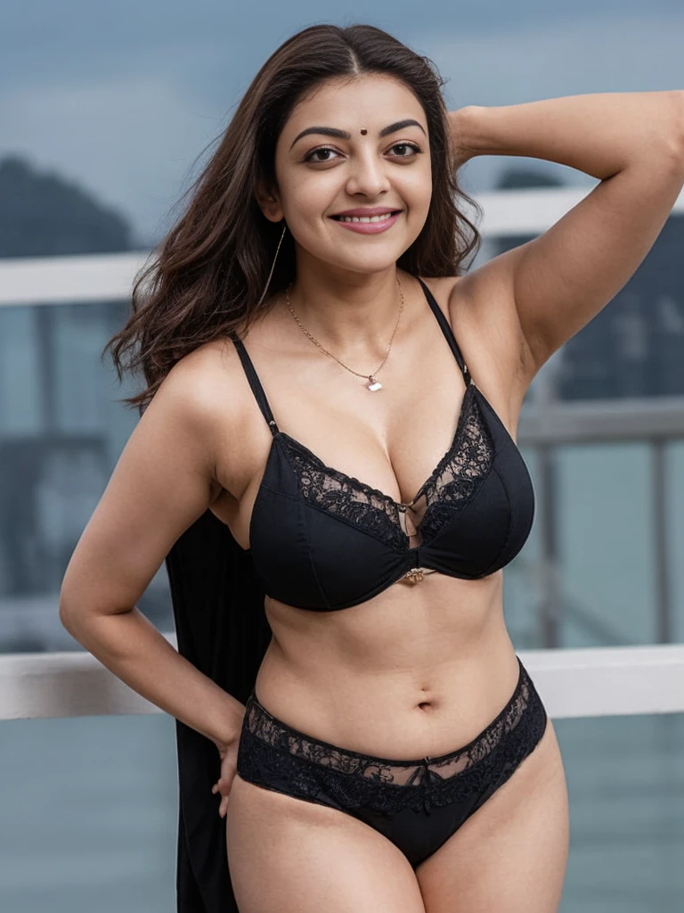 Full body view photo of sexy kajal Agarwal, big cheeks, curvy, hourglass figure, swooping breasts, deep cleavage, open arms, sexy armpits, seducing in bedroom, ponytail, necklace, see through black bikini navel seen, look at viewer and subtle smile, (cinematic:1.3), intricate details, (ArtStation:1.2)