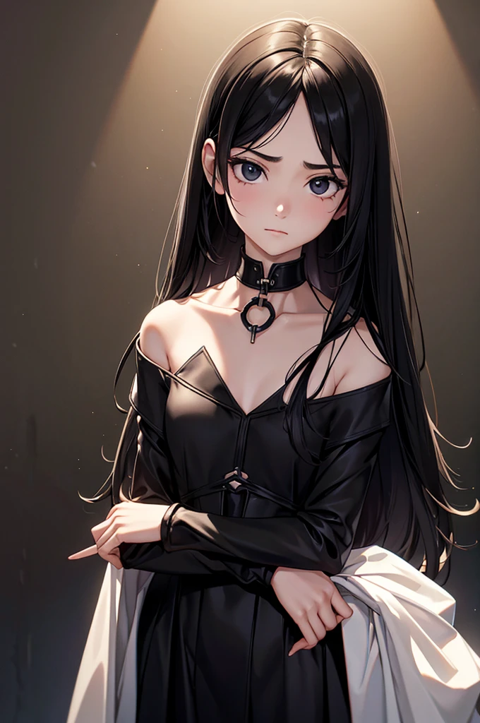 A 13-year-old girl with pale skin and long hair。, Straight black hair. big, black eyes , With an intense and mysterious look. Wearing costumes from the Orphan movie, With a more elegant and sophisticated touch, Something that matches her mysterious and strong personality. whole, Her appearance will be impressive, Attracts curious and inquisitive gazes. Small breasts, Cinema Lighting, chromatic aberration, Backlight, masterpiece, Attention to detail, high quality, 4K, Clothes that do not show skin
