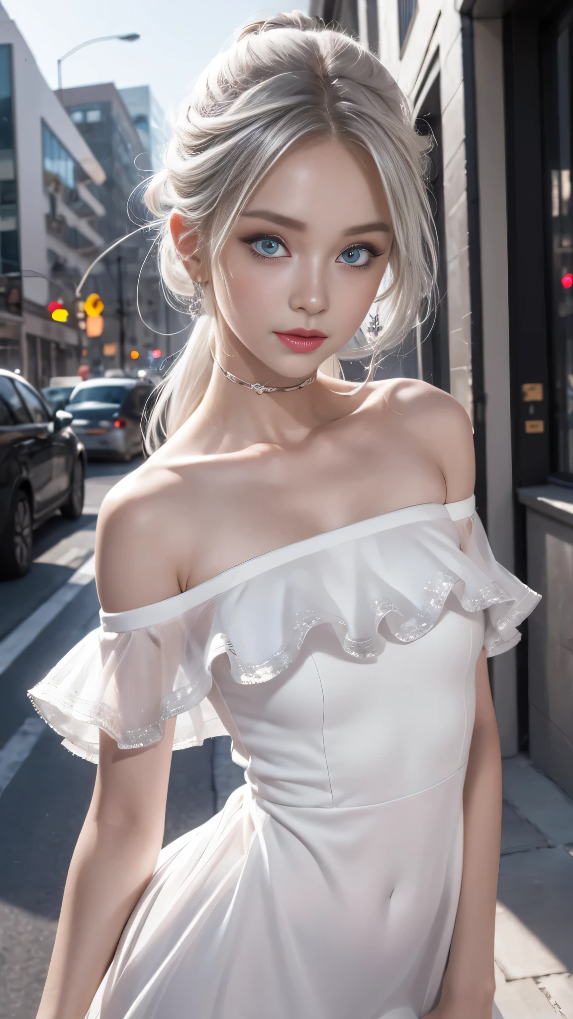 Iris heterochromatic pupil,silver-haired girl,free high resolution,Off-the-shoulder semi-transparent pure white dress