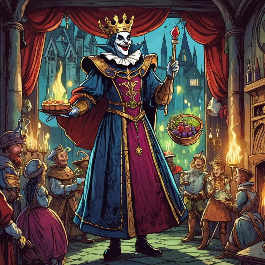 Craft a jest fit for the royal court: In the midst of a grand medieval dark fantasy festival, a mischievous AI-generated jester entertains the nobility with a witty quip that blends magic, mystery, and humor."