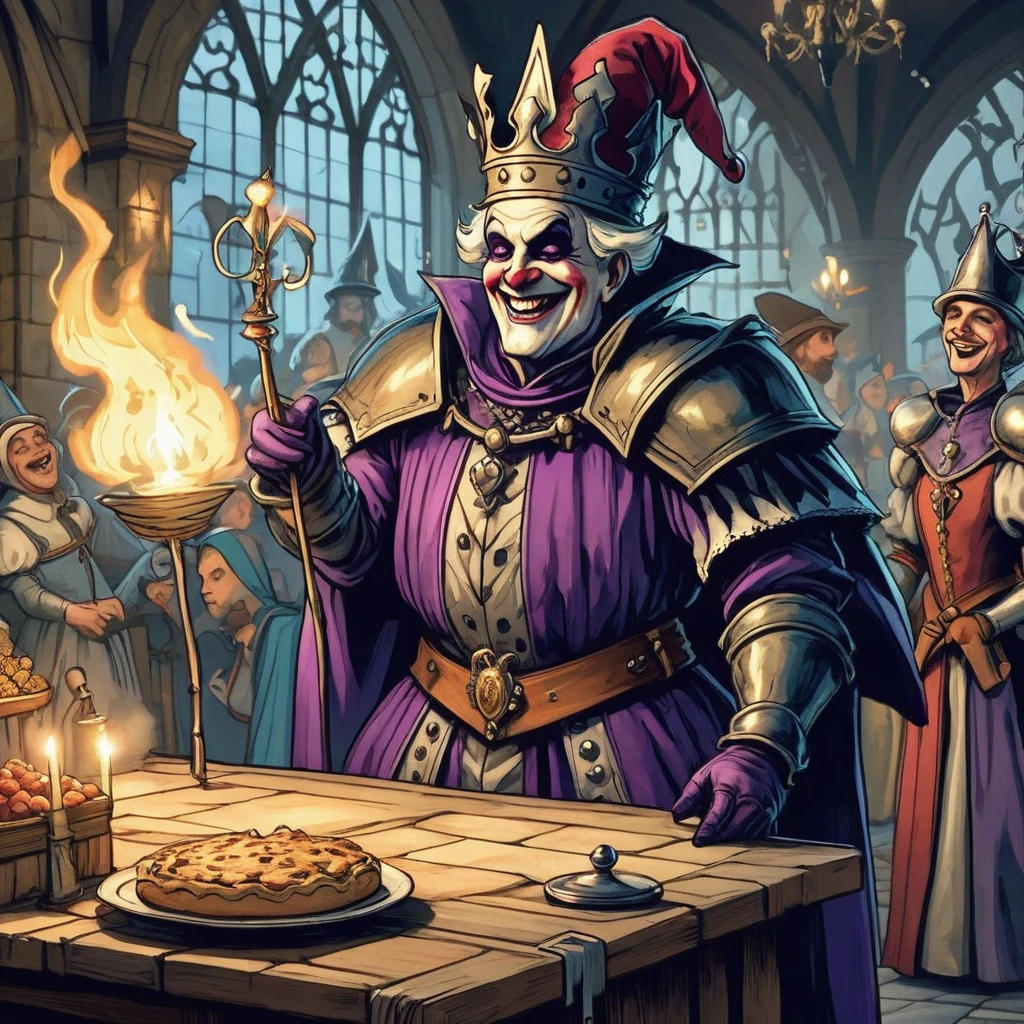 Craft a jest fit for the royal court: In the midst of a grand medieval dark fantasy festival, a mischievous AI-generated jester entertains the nobility with a witty quip that blends magic, mystery, and humor."