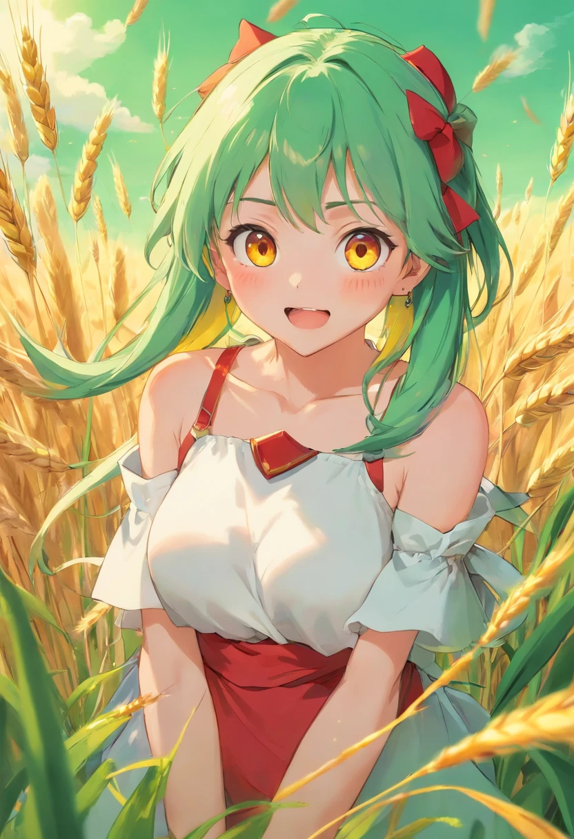 Diabolical idol Green hair Red and yellow odd-eye Wheat-toned skin Ice magic young Naughty Poses cute little tits out friendly
