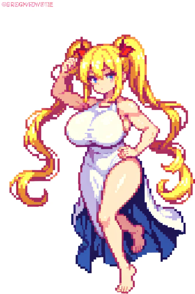 muscle,devil,barefoot,{{lift one leg}},{{very muscular}},{{very gigantic breasts}} ,{{very curvy}} , ,masterpiece , best quality , pixel art , 1 girl ,{full body},  voluptuous ,twintails,blonde hair ,white dress,white background