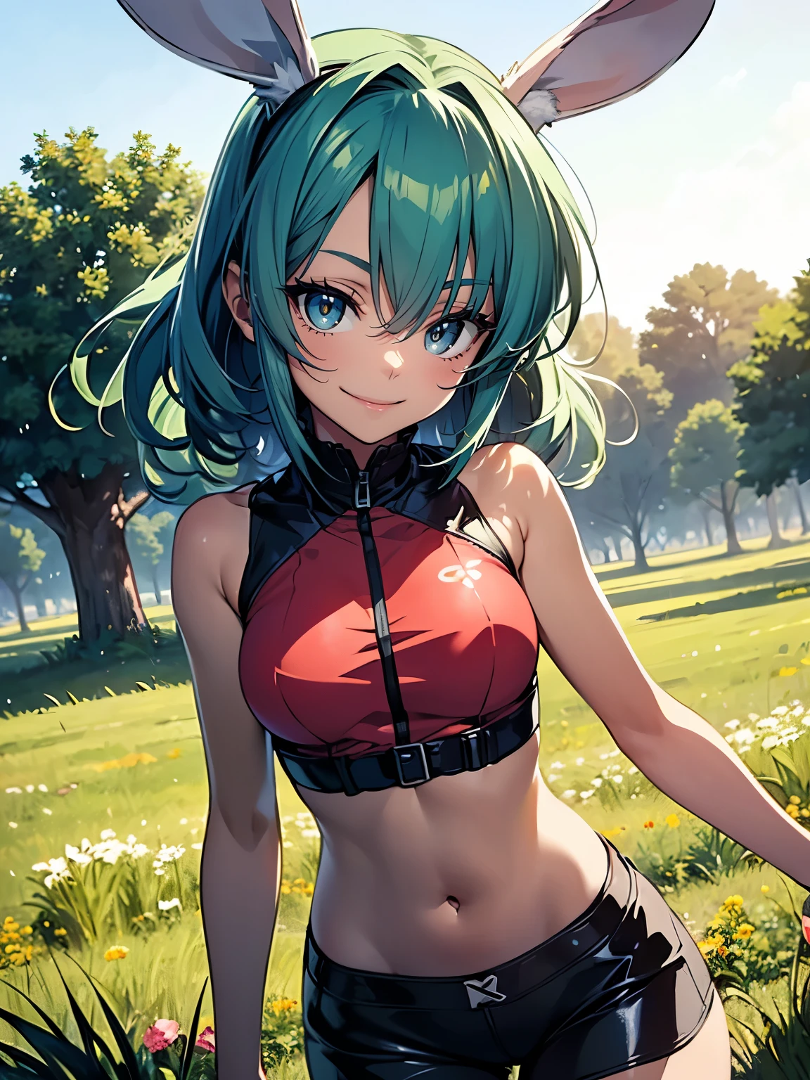 ((Seductive Anime Girl:1.3, solo:1.5))、((age girl:1.2))、((fusion of rabbit and girl:1.4))、((jumping:1.3))、((happy smile:1.3))、energetic、((pink color, leather clothes))、((Being in grassland:1.3)), erect nipples、((open clothes:1.2))、((crop top navel:1.2))、((small breasts))、((sleeveless:1.2))、((Glossy realistic skin texture))、masterpiece, ultra-detailliert, 8k, hiquality, Top image quality, digitial illustration, Smooth texture