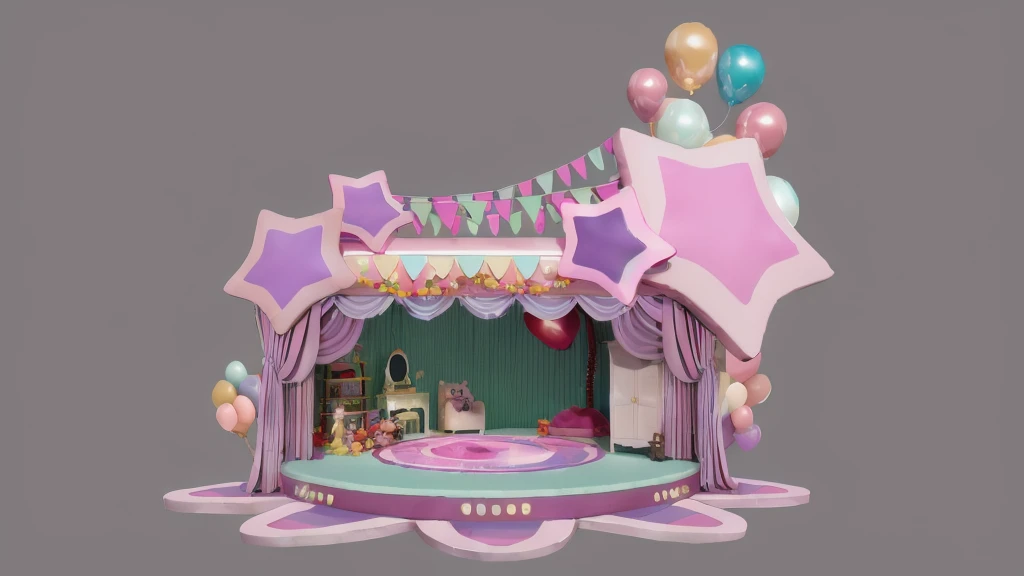 there is a small doll house with a stage and balloons, kawaii hq render, 3 d stylize scene, theater stage, in a candy land style house, 3 d render stylized, 3d magical details, theatre stage, stage, detailed set design, stage background, beautiful render of a fairytale, cute 3 d render, stylized 3d render