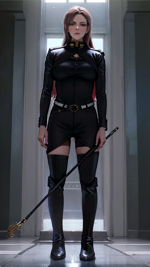 Mature female,adult,milf,  mature, 25 years old,woman,((solo)),(1girl),standing, full body, authority, leather outfit, dominant, (muscular), long sleeves, black gloves, double-breasted, (black knee-high boots:1.4), (white pants:1.2),devious, seductive, evil, confident,belt, cape, standing, bedroom, military uniform, looking at viewer, from below,clean floor,empty room,large windows,guard,warden,queen,commander, (smirk:0.33),tall,deadpan,