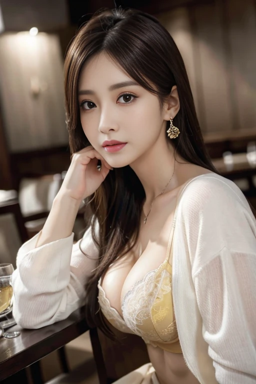 masterpiece, Highest quality, Realistic, Very detailed, Finer details, High resolution, 8k wallpaper, One beautiful woman, Wear an elegant see-through shirt, In a great restaurant, At night, Light brown messy hair, Perfect dynamic composition, Beautiful and beautiful eyes、Big earrings、Sit on a chair、Her cleavage is visible、I see a yellow bra、35 Talent、