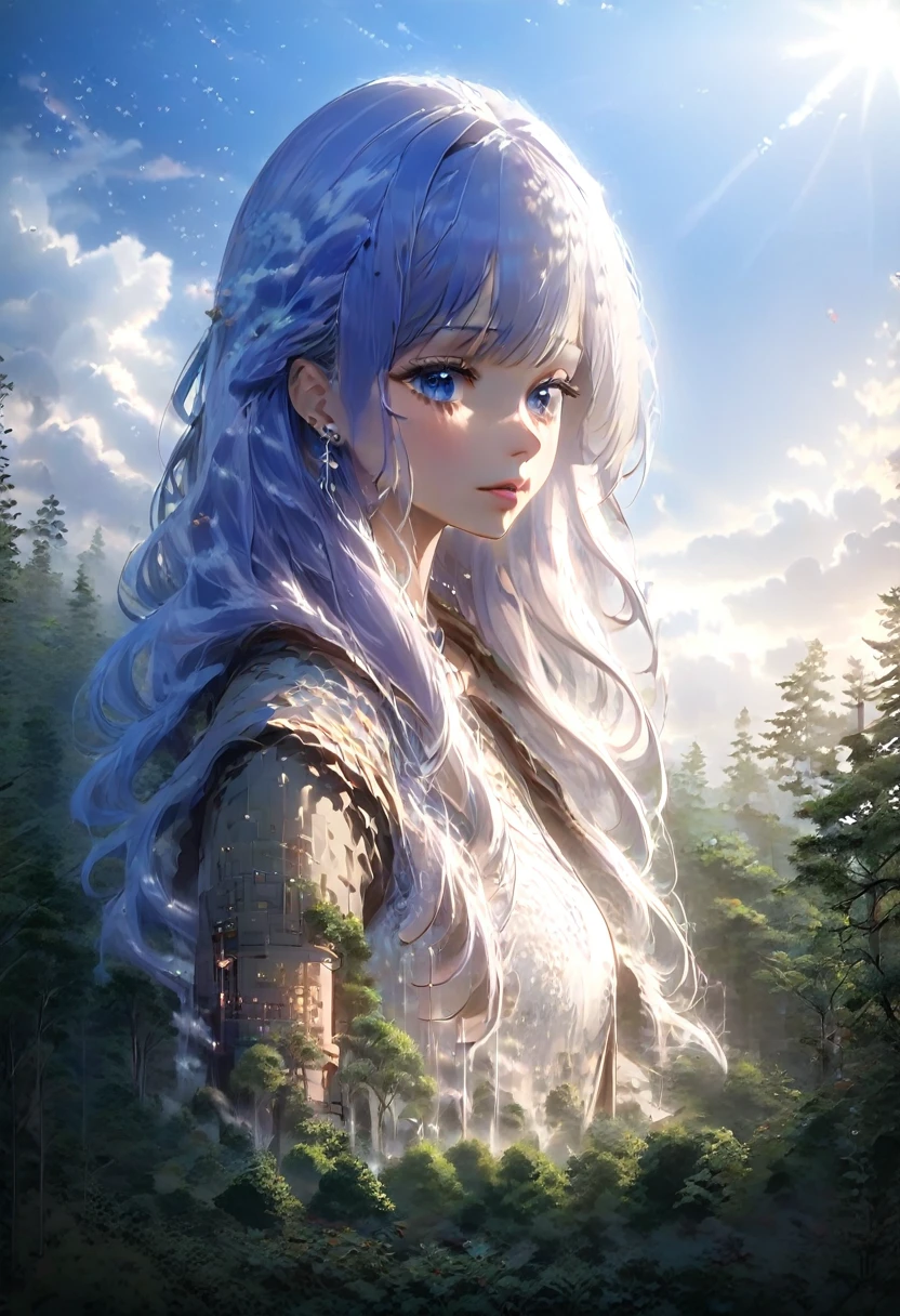 1 small woman with extremely long snow white hair, purple hair with bright electric blue tips, piercing blue eyes, highly detailed face, delicate feminine features, sensual expression, standing in a mystical forest clearing, soft warm lighting, ethereal atmosphere, (best quality,8k,highres,masterpiece:1.2),ultra-detailed,(realistic,photorealistic,photo-realistic:1.37),dramatic lighting,cinematic composition,fantasy,magical realism