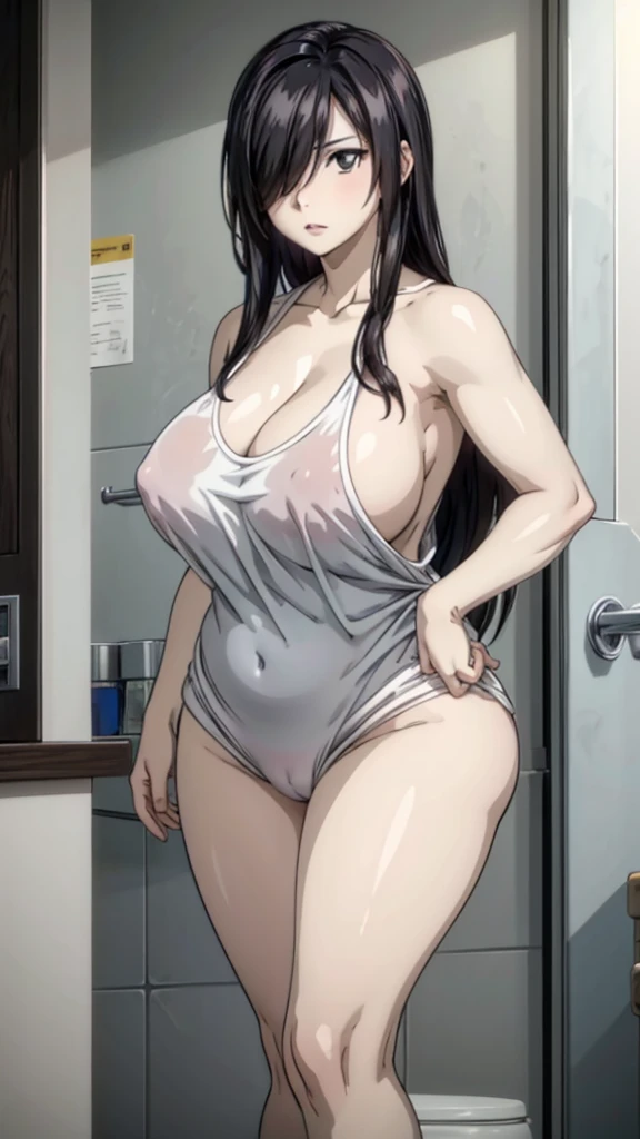Cute mommy, Nude,busty mature women,plump, chubby, fat,realistic skin, realistic breast, saggy breast, nipple out,muted colours, cold lighting, pale white skin,black hair, long hair, (hair over one eye:1.4), Messy hair,straight hair,hair between eyes sleepy eyes ,beautiful,charm,pubic hair pussy,dense pubic hair,night ,on the bathroom