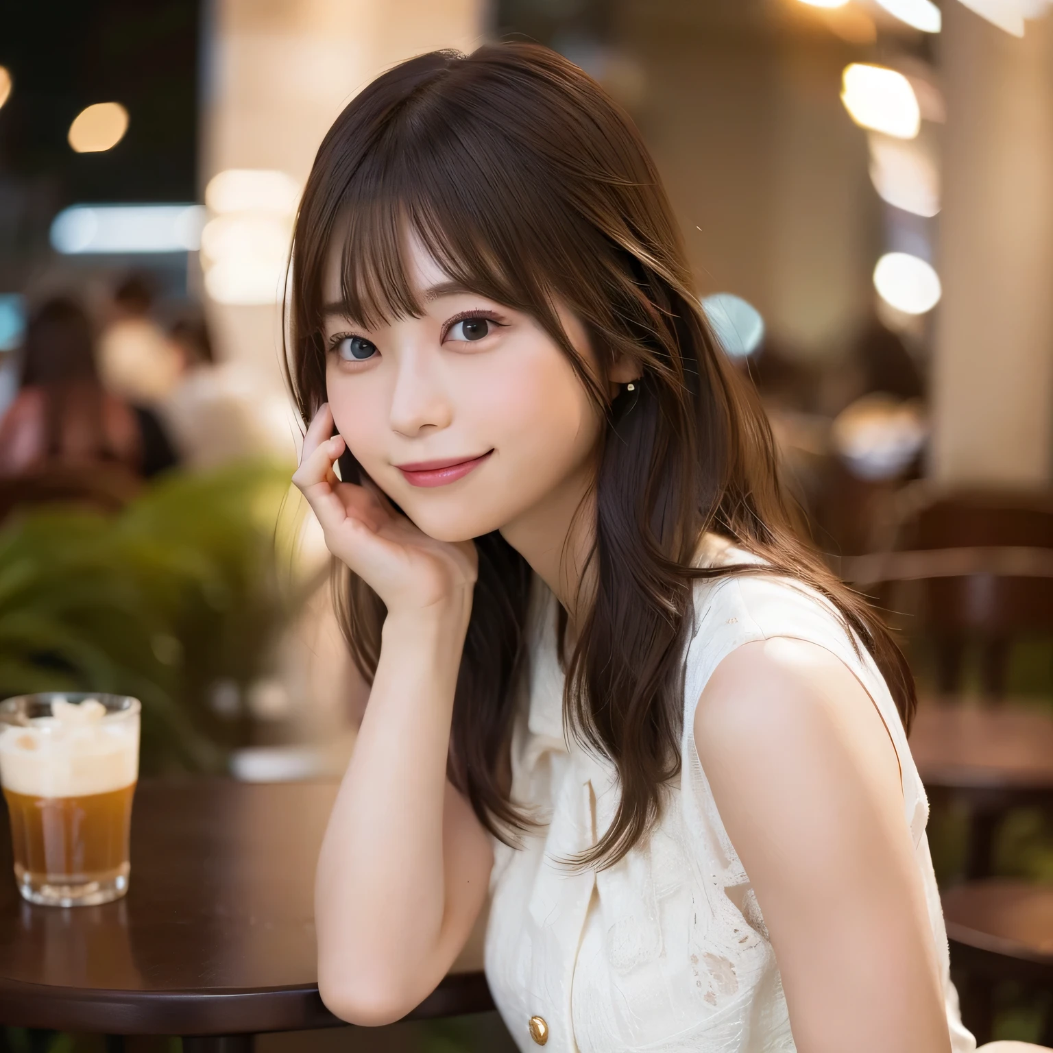 8K,Highest quality, Ultra-high resolution, (Realistic:1.4), RAW Photos, (Upper thigh:1.3, From the side:1.1), (Bokeh:1.4), (Suite Room),Waterside Cafe, 1 Japanese girl, cute, (alone:1.6), (A shy smile), (Dark brown eyes), Smooth Skin, (Brown medium hair,bangs), (Touching your hair:1.4),Nogizaka,garden,Fashionable clothes、Full Body Lesbian、:1.2:1.2