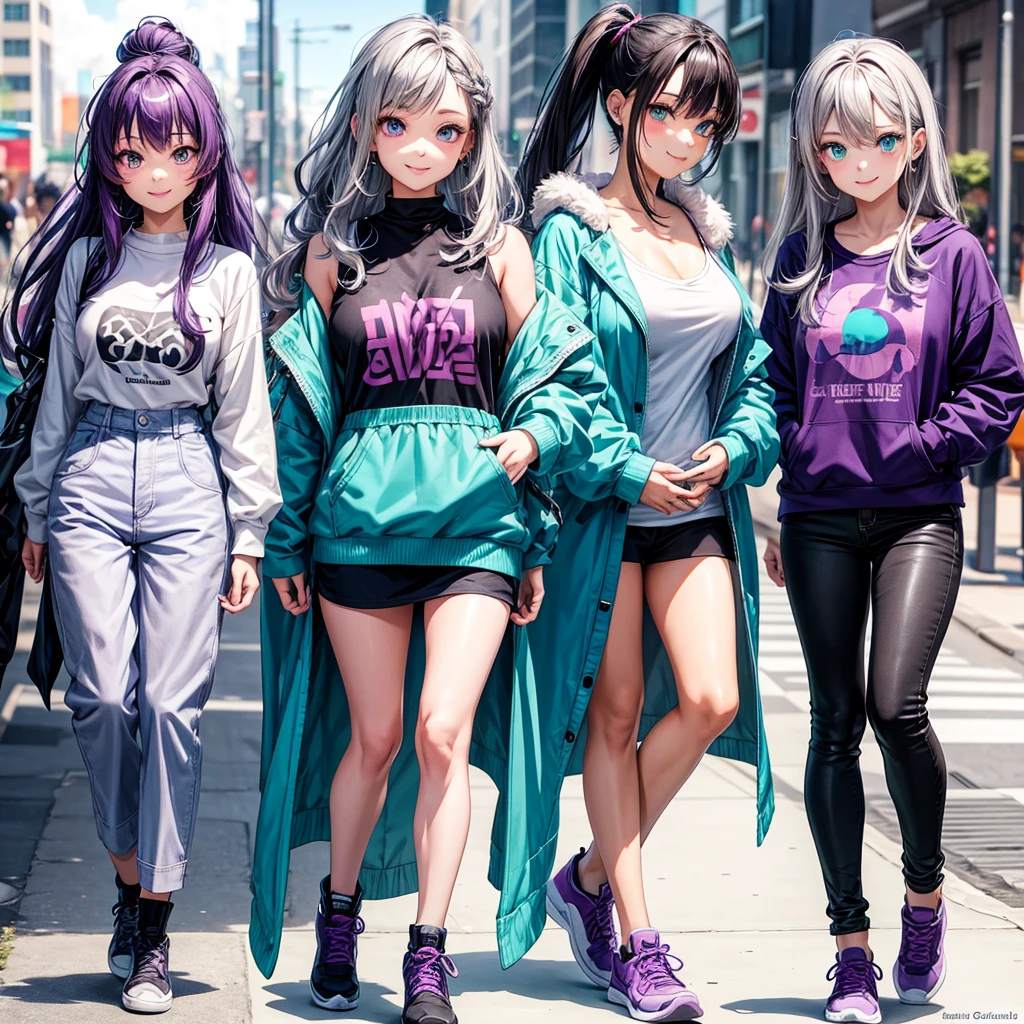 Anime panel, woman intense turquoise eyes, full body, gray wavy hair with purple highlights, smiling, ear piercing, casual outfit