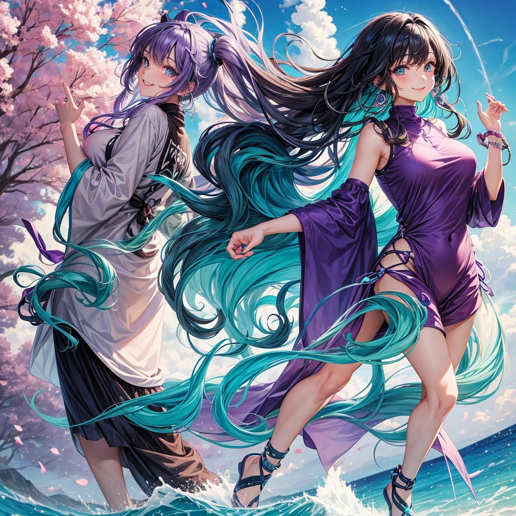 Anime panel, woman intense turquoise eyes, full body, gray wavy hair with purple highlights, smiling, ear piercing, casual outfit