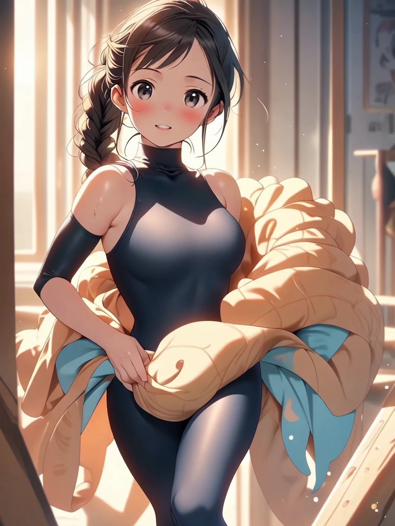 best quality, masterpiece, ultra high res, (photorealistic:1.4), RAW photo, Intricate details, ((Perfect Anatomy)), Big beautiful eyes, Perfect contours, masterpiece, One girl, ((Middle school students)), Braided ponytail, Medium chest, (one piece, turtleneck,No sleeve), Transparent and clear metallic green swimsuit, tight high leg swimsuit, armpit, From below