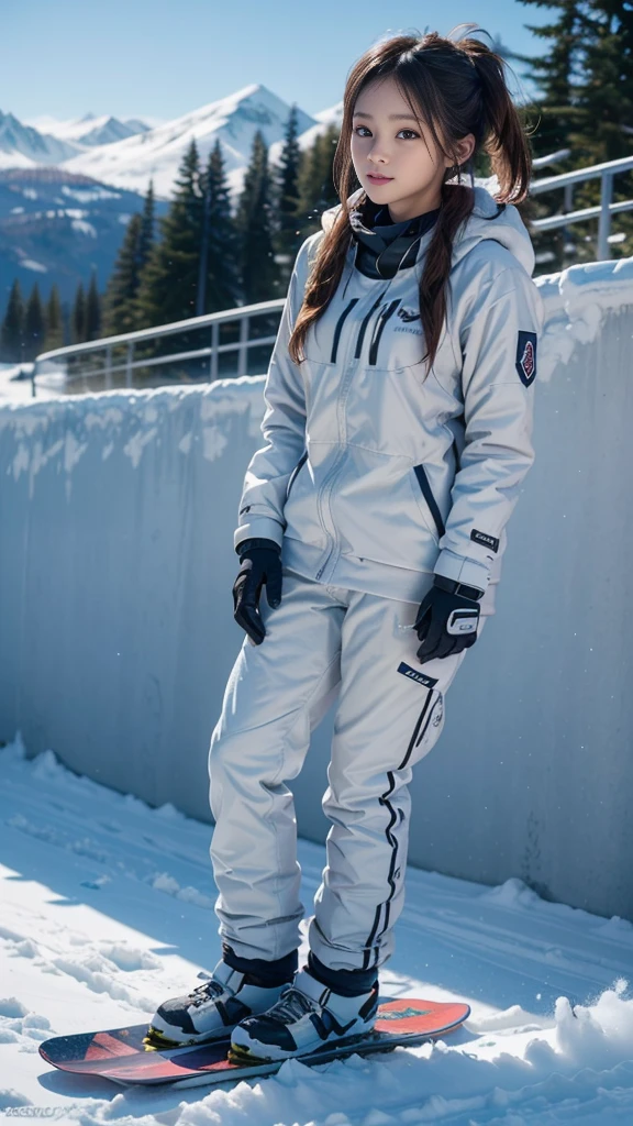 (A beautiful girl snowboarding down the slope), (Outstanding style), ((Perfect Anatomy)), ((Professional photography techniques)), ((Snowboarding wear that attracts attention)), Ultra-detailed, Portrait of a beautiful girl, ((Super cute face, Idol Face, Detailed eyes and face)), (Highest quality, 8K, masterpiece:1.2, RAW Photos)