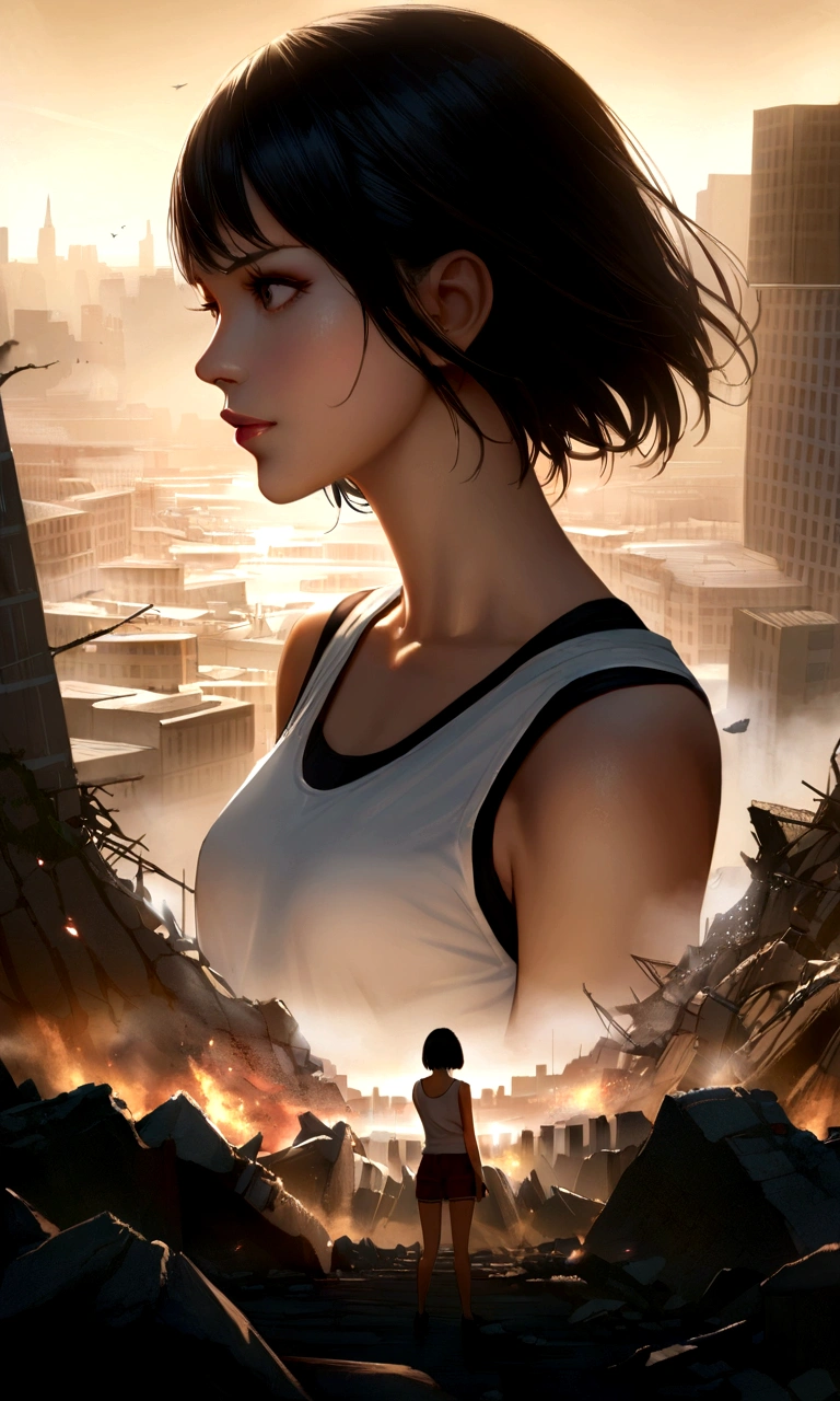 Attack on Titan、giantess、Giantess、A woman taller than a building、Giant Woman Attacks、Small breasts、Realistic、anime、リアルanimeスタイル、short hair、Black Hair、Tank top、Shorts、Cute woman、Beauty、model、Portrait、Destroyed rubble、Distant view of the city