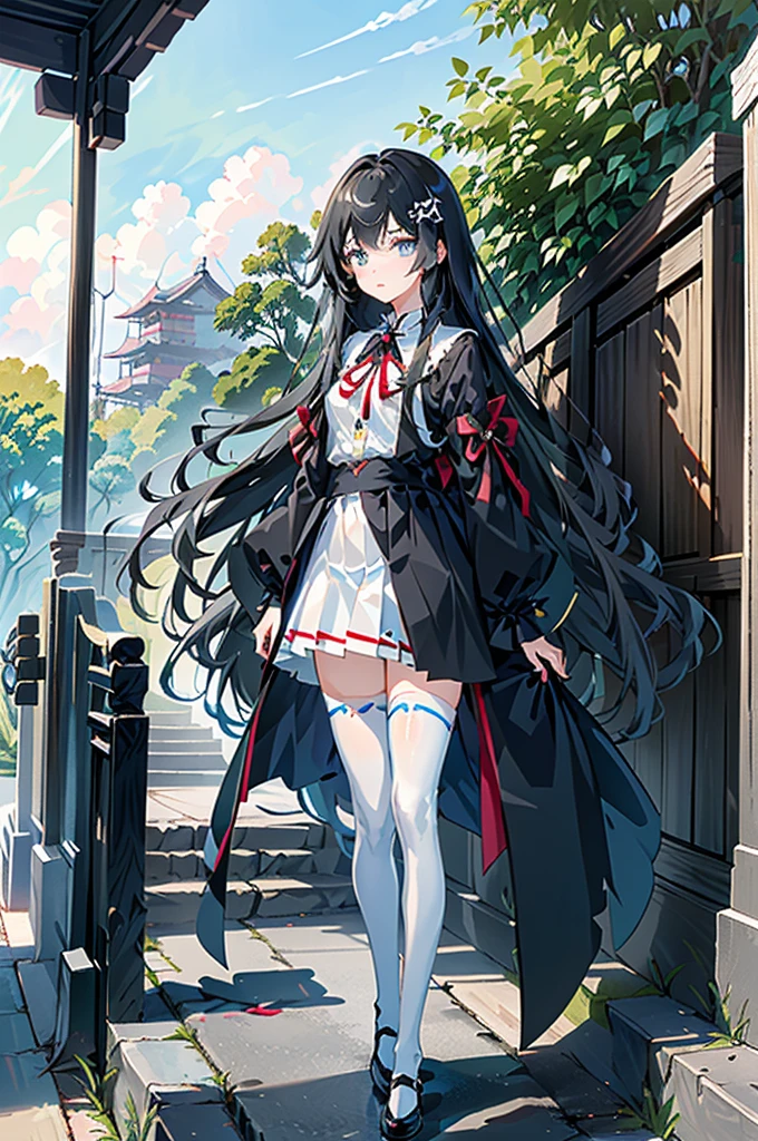 1girl,  solo, outdoors, long hair, holy place, Original,(Illustration:1.1),(Best Quality),(masutepiece:1.1),(the Extremely Detailed CG Unity 8K Wallpapers:1.1), (Colorful:0.9),(mid-shot:0.95),(extremely detailed beautiful face),(Solo:1.2), (girl),(((Lori))), (Detailed beautiful eyes:1.15), (Beautiful face:1.15), (Glowing blue eyes:1.25////),(((sky blue Long Hair))),(two side up),(+perfect hand+:1.21),(Draw illustration of Japan priestess costume),(slender),(White pleated skirt),(Gothic),((black thighhighs)),(frilld),(Beautiful Slender Lolita Girl),hallowween,standing, girl,,  girl,foggy place,