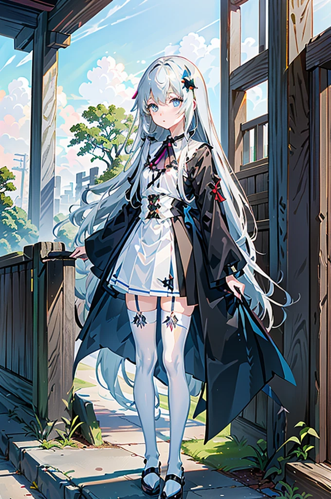 1girl,  solo, outdoors, long hair, holy place, Original,(Illustration:1.1),(Best Quality),(masutepiece:1.1),(the Extremely Detailed CG Unity 8K Wallpapers:1.1), (Colorful:0.9),(mid-shot:0.95),(extremely detailed beautiful face),(Solo:1.2), (girl),(((Lori))), (Detailed beautiful eyes:1.15), (Beautiful face:1.15), (Glowing blue eyes:1.25////),(((sky blue Long Hair))),(two side up),(+perfect hand+:1.21),(Draw illustration of Japan priestess costume),(slender),(White pleated skirt),(Gothic),((black thighhighs)),(frilld),(Beautiful Slender Lolita Girl),hallowween,standing, girl,10 years old,  girl,foggy place,