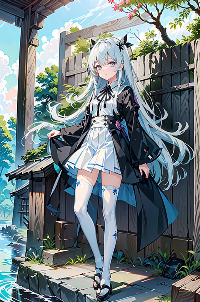 1girl,  solo, outdoors, long hair, holy place, Original,(Illustration:1.1),(Best Quality),(masutepiece:1.1),(the Extremely Detailed CG Unity 8K Wallpapers:1.1), (Colorful:0.9),(mid-shot:0.95),(extremely detailed beautiful face),(Solo:1.2), (girl),(((Lori))), (Detailed beautiful eyes:1.15), (Beautiful face:1.15), (Glowing blue eyes:1.25////),(((sky blue Long Hair))),(two side up),(+perfect hand+:1.21),(Draw illustration of Japan priestess costume),(slender),(White pleated skirt),(Gothic),((black thighhighs)),(frilld),(Beautiful Slender Lolita Girl),hallowween,standing, girl,,  girl,foggy place,