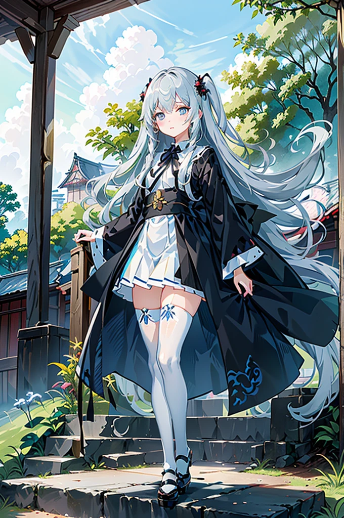 1girl,  solo, outdoors, long hair, holy place, Original,(Illustration:1.1),(Best Quality),(masutepiece:1.1),(the Extremely Detailed CG Unity 8K Wallpapers:1.1), (Colorful:0.9),(mid-shot:0.95),(extremely detailed beautiful face),(Solo:1.2), (girl),(((Lori))), (Detailed beautiful eyes:1.15), (Beautiful face:1.15), (Glowing blue eyes:1.25////),(((sky blue Long Hair))),(two side up),(+perfect hand+:1.21),(Draw illustration of Japan priestess costume),(slender),(White pleated skirt),(Gothic),((black thighhighs)),(frilld),(Beautiful Slender Lolita Girl),hallowween,standing, girl,10 years old,  girl,foggy place,