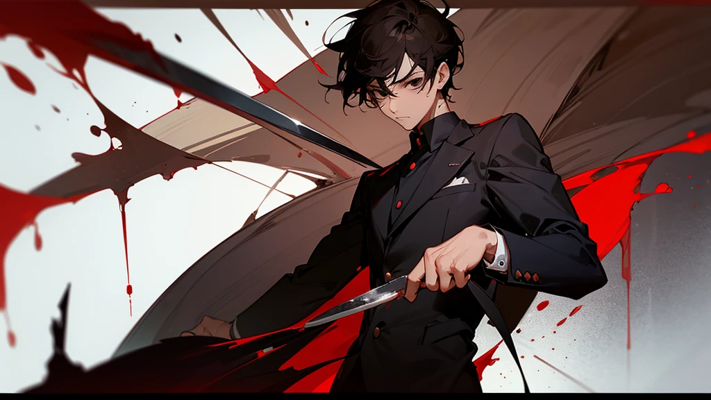 A man with black hair, black eyes, a sadistic face, covered in blood, holding a kitchen knife, wearing a chef's uniform. The person standing next to him was a man with brown hair, brown eyes, and his face looked frightened. wearing a black suit