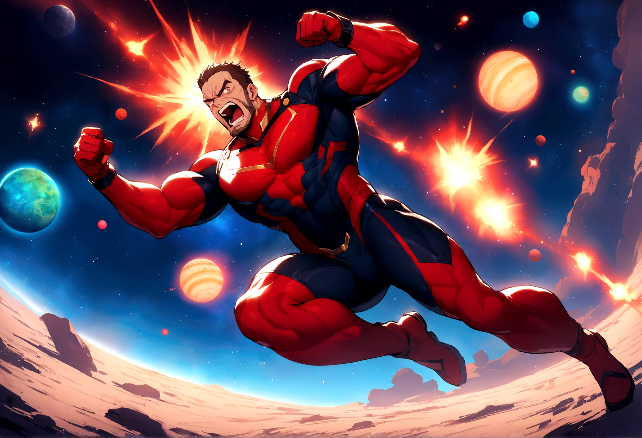 1man, masterpiece, best quality, detailed background, solo, full body, facial hair, muscular male, tight Super Hero Outfit, looking towards viewer, anger, yelling, furious supernatural power glowing, Space, Outer space, Vibrant Colorful planets, depth of field