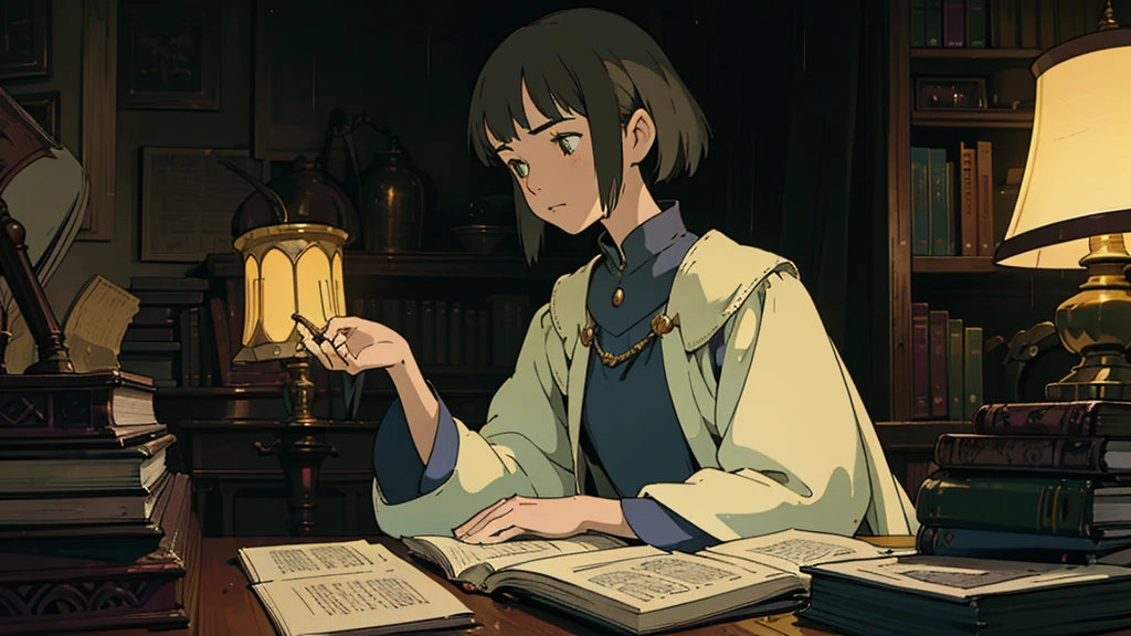 A girl, ensconced in a cozy corner on a rainy evening, sits surrounded by a jumble of books with an intensely profound study attitude. The soft yellow glow of the desk lamp illuminates her thoughtful expression, revealing her deep concentration and composed posture. Her inquisitive eyes dart back and forth between the pages, her nimble fingers turning them with subtle tilt, as she absorbs the old world wisdom contained within. The timeworn margins and sultry aura of the books add to the quiet night ambiance, creating a peaceful and tranquil countenance. This scholarly young woman, clad in plain attire, appears to be a seeker of knowledge and intellect,Width cat