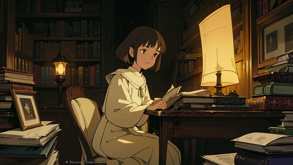 A girl, ensconced in a cozy corner on a rainy evening, sits surrounded by a jumble of books with an intensely profound study attitude. The soft yellow glow of the desk lamp illuminates her thoughtful expression, revealing her deep concentration and composed posture. Her inquisitive eyes dart back and forth between the pages, her nimble fingers turning them with subtle tilt, as she absorbs the old world wisdom contained within. The timeworn margins and sultry aura of the books add to the quiet night ambiance, creating a peaceful and tranquil countenance. This scholarly young woman, clad in plain attire, appears to be a seeker of knowledge and intellect,Width cat
