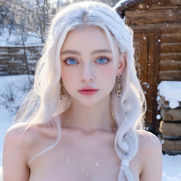 Beautiful girl, blue eyes, long curly white hair witg, detailed facial traits, beautiful earrings, national turkic female dress, naked breasts, naked nipples, yurta behind, it's snowing, sexy pose