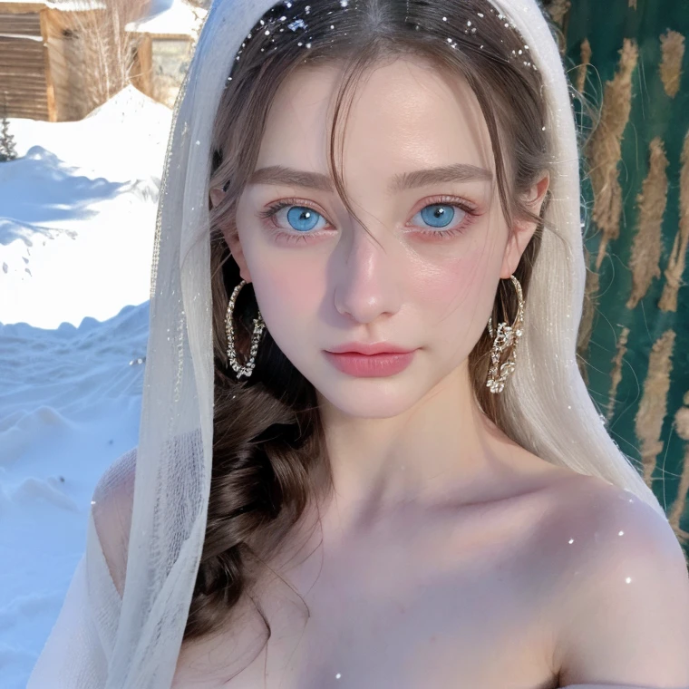 Beautiful girl, blue eyes, long curly white hair witg, detailed facial traits, beautiful earrings, national turkic female dress, naked breasts, naked nipples, yurta behind, it's snowing, sexy pose