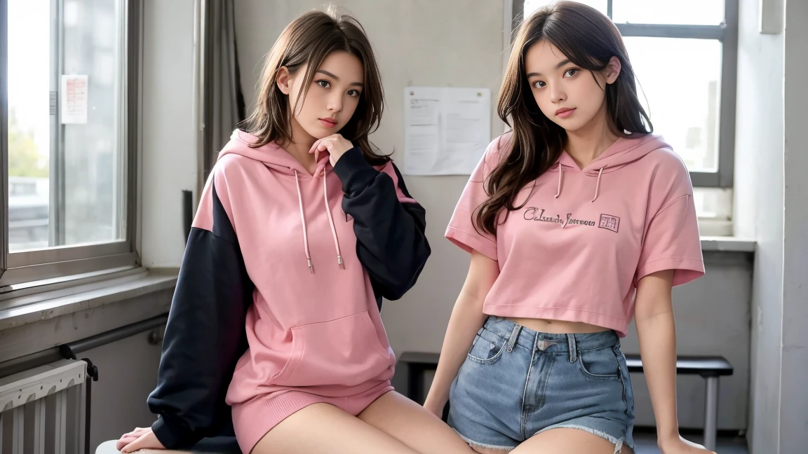 deux femmes ensemble de 18 ans sexy et mince , pink short sleeve hoodie , salle de classe, se touche,position sey,sensuel