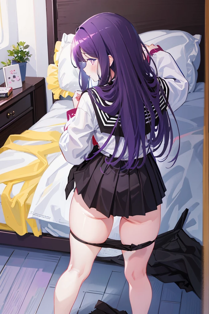 Black Skirt、Turning around、look back、8K,Masterpiece、Light purple hair、Semi-long hair、、Japanese 、、、Lift up your skirt、On all fours、Showing panties、Stick your butt out、Turn your ass towards me、Blushing、、Showing panties、Pull up your skirt、Blushing、Bedroom
