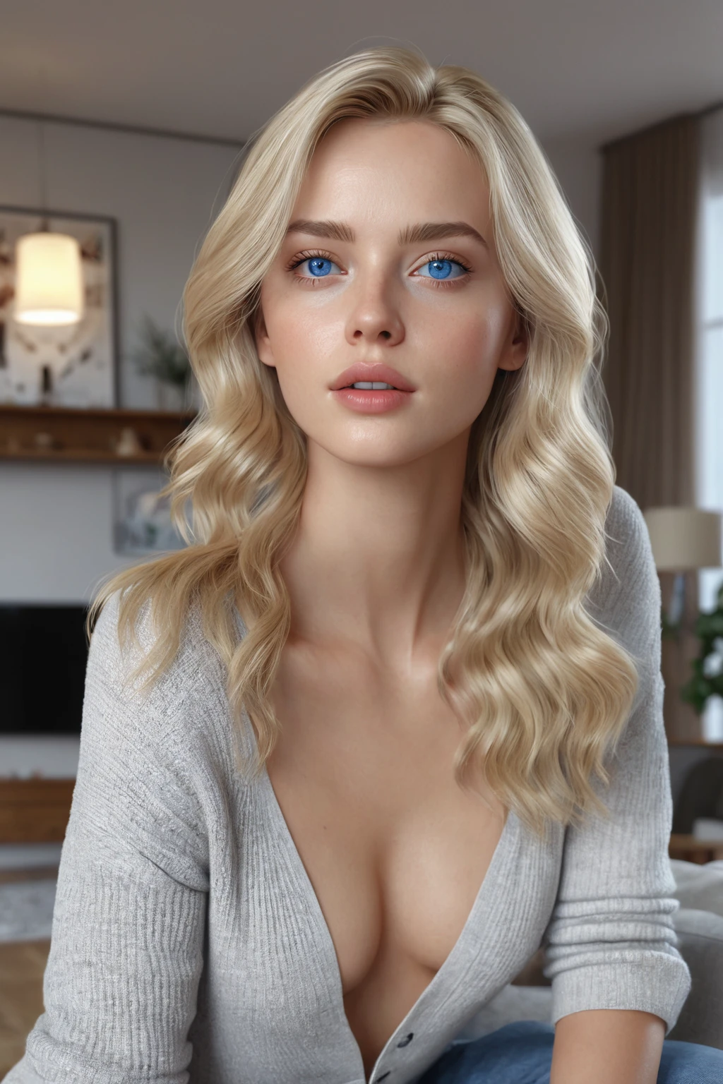 (high quality), (masterpiece), (detailed), 8K, Realistic depiction of a (blonde girl1.3) with (blue eyes1.2) and (full lips1.3) in a (casual outfit1.3) standing in a (cozy living room1.2). (Natural textures1.2) of her (skin1.2) and (hair1.2) highlighted by (soft daylight1.2). Clean, well-composed shot capturing unique (camera angle1.2) and (unique pose2.0). Minimal to no generation defects in (hands1.2), (eyes1.2), and (pupils1.2).