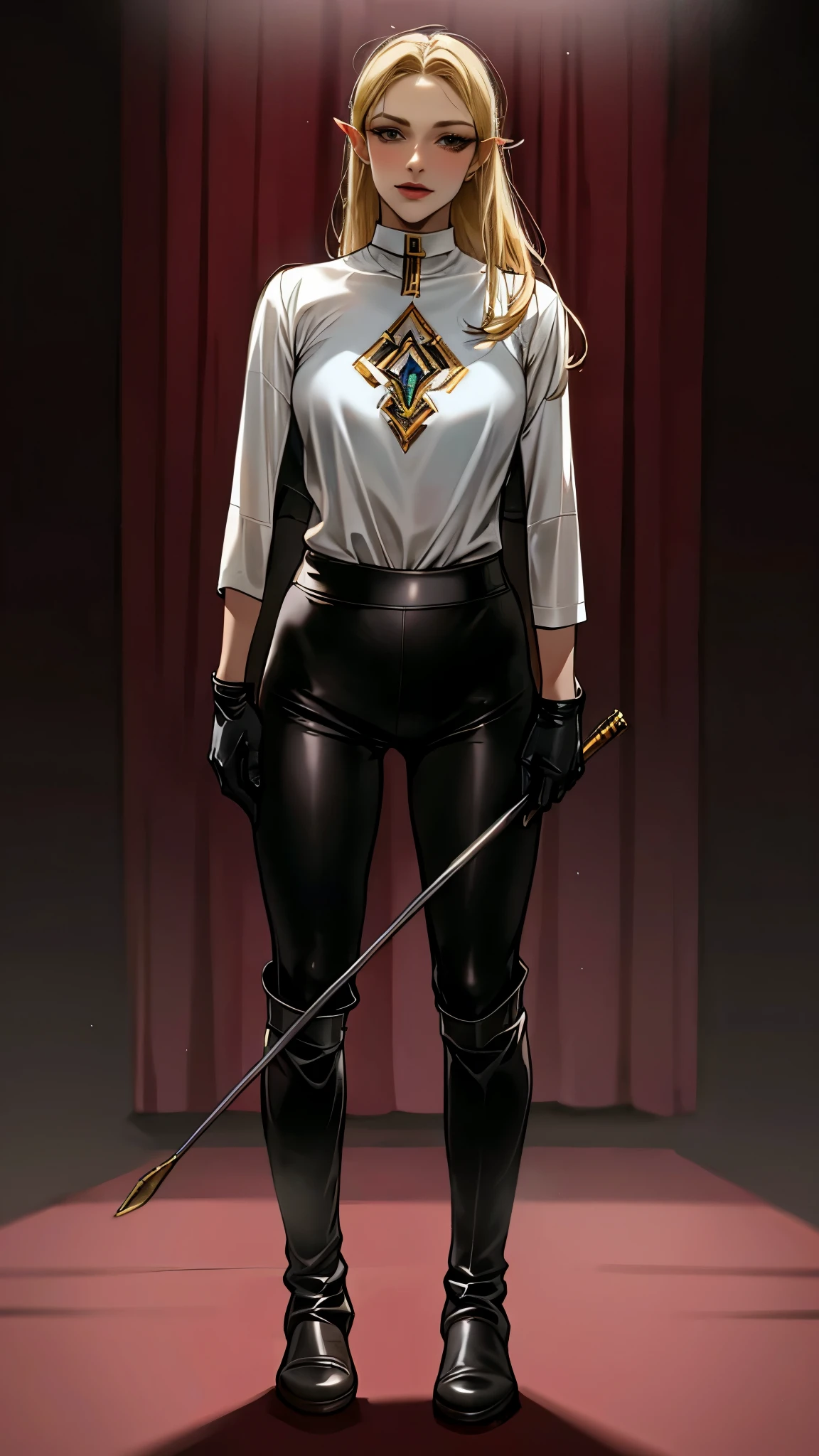 (highest resolution, distinct_image) best quality, a woman, solo, masterpiece, highly detailed, semi realistic, blonde hair, bangs, 18 years old, mature, young, tall strong, uniform, military uniform( large indoor background), cold, serious, tall, handsome, confident , autocratic, powerful, exquisite facial features, exquisite facial features, (full body)(black knee-high boots:1.4)(dominatrix:0.3)(white Yoga pants:1.3),(black short leather gloves:1.5)(long sleeves),(active sportswear shirt),(princess Zelda),solo,1girl,(looking at viewer:1.25),(from below:0.7)(head turned upwards:0.3)(smiling:0.4)(bodysuit:0.3)(holding short riding crop:1.2)(other hand empty)(muscular:0.65)(shirt tucket in pants)(parquet flooring),(slender:0.7),sportive,elite, aristocrat, warden, queen,young:1.3,detailed pretty face, detailed face, beautiful face
