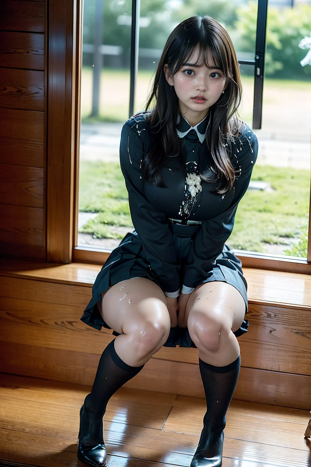 Please take a picture from the front, (8K), (Highest quality), (Realistic), (3 tall and beautiful Japanese secretaries), 24-years-old, F Cup Big, Three Sisters, (Full body photo), (Angry with a super cute face, Angry face, Overlooking here, Accentuate your cleavageために腕を組む, (Very wide thighs), (Plump legs), (She always wears black stockings..),Simple uniforms, The sisters wear the same uniform, Wearing a monochrome Japanese uniform, Street Snap, Japanese Blonde, Blonde, short hair, hair band, Glare, Frowning, compensate, Frowning, Frowningをする, Surrealism, First Person View, First Person View, Wide-angle, Ultra-high resolution, Anatomically correct, Super detailed, 16K, Full body shot of a woman wearing a tight leather skirt and black stockings, Accentuate your cleavage, 黒のMicro Mini Skirt, Korean girl, ( Ivory Black ), Choi Hong-hwa, Lee Ji-eun, Lee Ji-eun, Korean women's fashion model, Ulzzang, Korean, sakimichan, Jaeyoung Nam, Kim Tae-jun, Micro Mini Skirt, (The skirt is very short), (Very long legs), (Very wide thighs), (Plump legs), (She always wears black stockings..), (Wearing brown platform high heels), Accurate high heels,(Black stockings and miniskirt covered in cum), (Semen droplets)、(Her uniform is covered in white semen), (No semen on my face)、(Semen is an opaque white liquid),Contrast of black stockings and white semen、Clearly visible、(A lot of white semen flows out on black stockings)