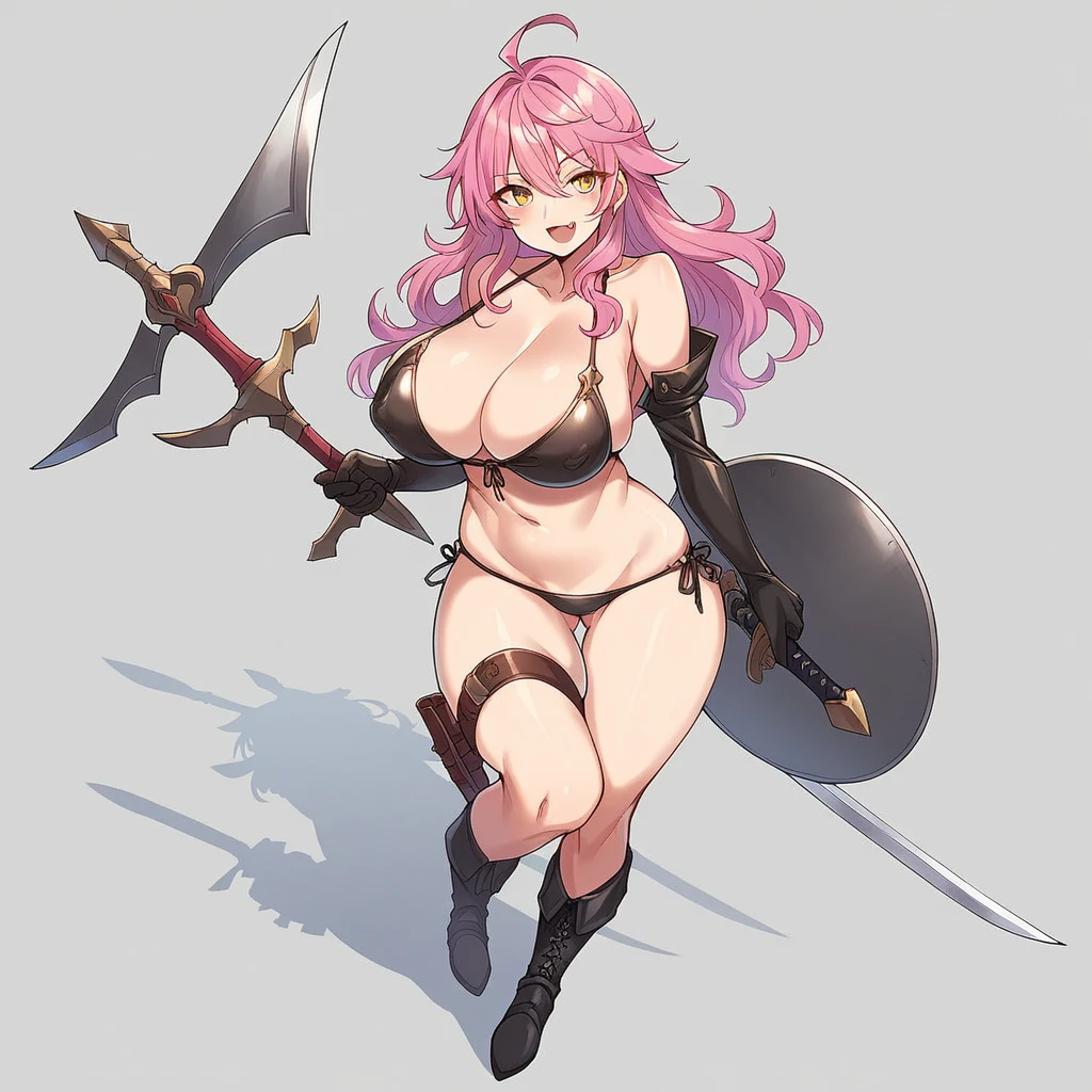 1girl, solo, long_hair, breasts, looking_at_viewer, blush, smile, open_mouth, bangs, large_breasts, simple_background, black_hair, gloves, white_background, navel, holding, cleavage, hair_between_eyes, standing, collarbone, swimsuit, yellow_eyes, weapon, pink_hair, bikini, multicolored_hair, boots, alternate_costume, elbow_gloves, fang, sword, holding_weapon, huge_breasts, covered_nipples, two-tone_hair, gradient, thigh_strap, wavy_hair, holding_sword, shield, 