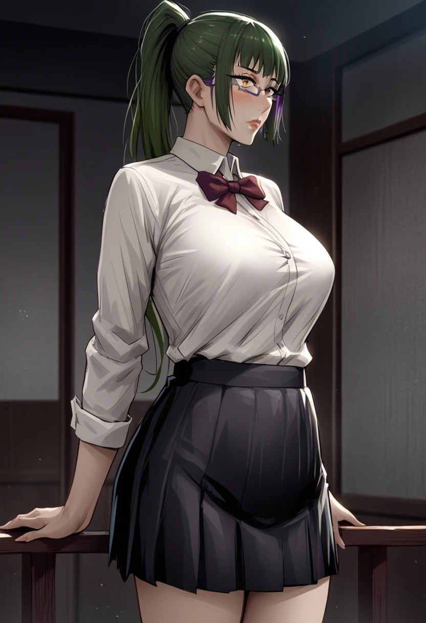 hmanga, (masterpiece, finely detailed beautiful eyes : 1.2), hdr, realistic, high resolution, (best quality, masterpiece:1.2), ultra detailed, (anime), 1girl, maki exp, green hair, ponytail, long hair, brown eyes, purple glasses, side locks, large breasts, lips, white shirt,red bowtie, pleated_skirt, black skirt, black socks, standing, white panties, (front view),