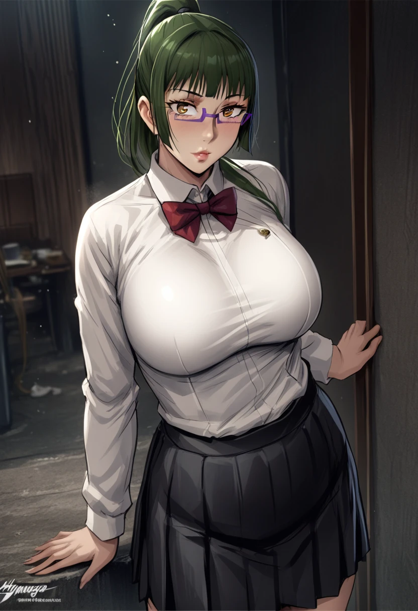 hmanga, (masterpiece, finely detailed beautiful eyes : 1.2), hdr, realistic, high resolution, (best quality, masterpiece:1.2), ultra detailed, (anime), 1girl, maki exp, green hair, ponytail, long hair, brown eyes, purple glasses, side locks, large breasts, lips, white shirt,red bowtie, pleated_skirt, black skirt, black socks, standing, white panties, (front view),