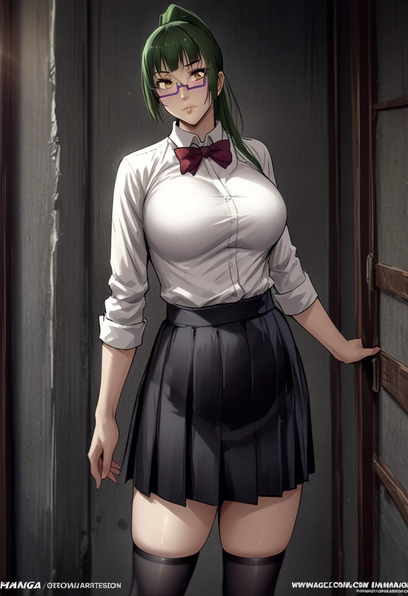 hmanga, (masterpiece, finely detailed beautiful eyes : 1.2), hdr, realistic, high resolution, (best quality, masterpiece:1.2), ultra detailed, (anime), 1girl, maki exp, green hair, ponytail, long hair, brown eyes, purple glasses, side locks, large breasts, lips, white shirt,red bowtie, pleated_skirt, black skirt, black socks, standing, white panties, (front view),