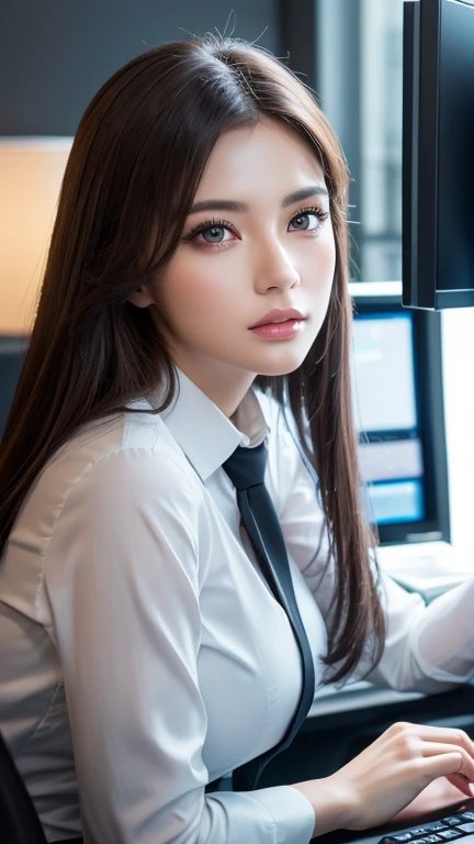 beautiful detailed eyes, beautiful detailed lips, extremely detailed eyes and face, longeyelashes, elegant office lady, professional business attire, office setting, desk, computer, paperwork, (highres,masterpiece:1.2),ultra-detailed,(realistic,photorealistic,photo-realistic:1.2),HDR,UHD,studio lighting,ultra-fine painting,sharp focus,physically-based rendering,extreme detail description,professional,vivid colors,bokeh,intricate details,highly realistic,photorealistic portrait